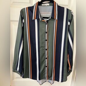 Apraw, Green and Orange Button Down Shirt with Bold Stripes, Womens small